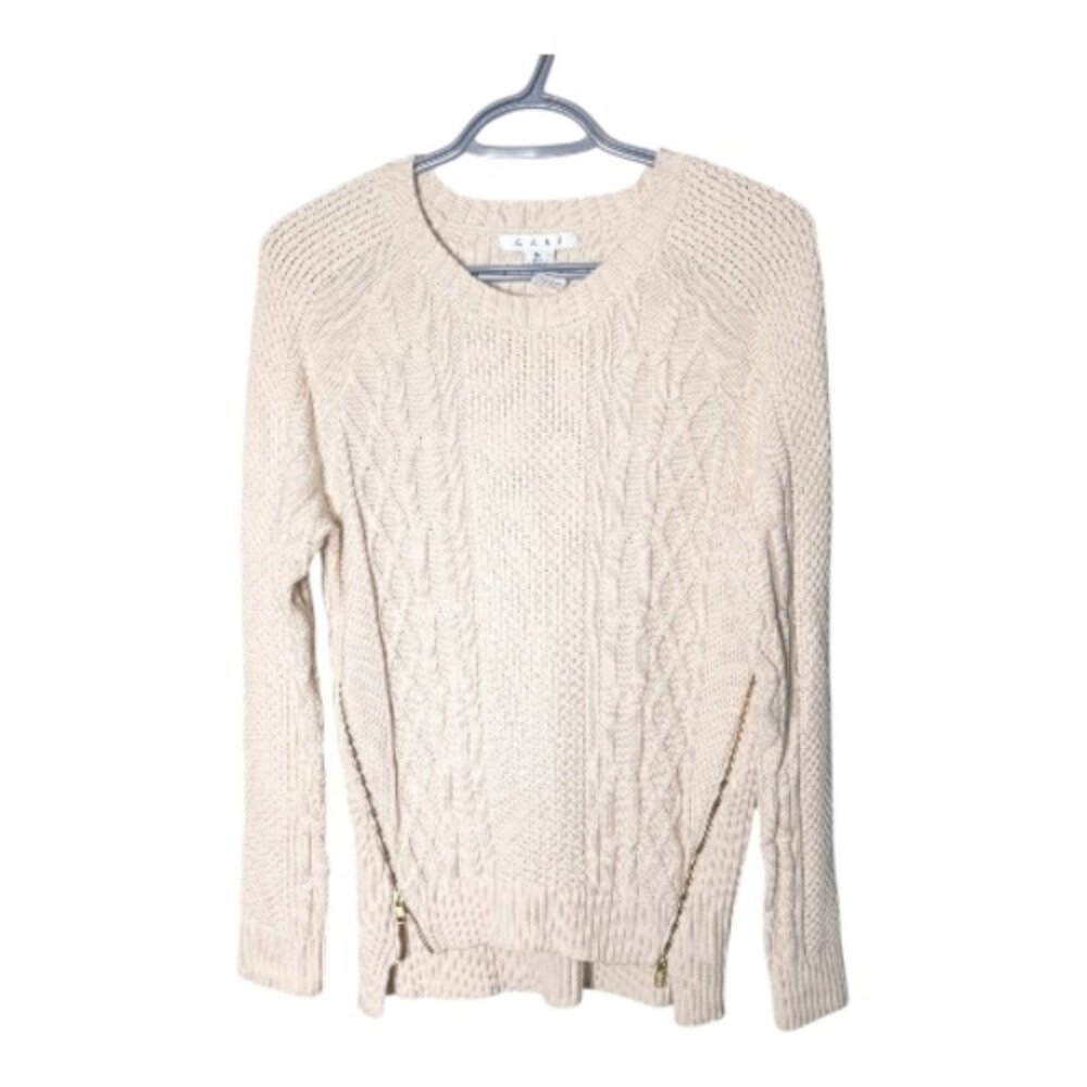 CAbi Cream Cable Knit Fisherman Style Crew Neck Sweater Zippers Size Medium